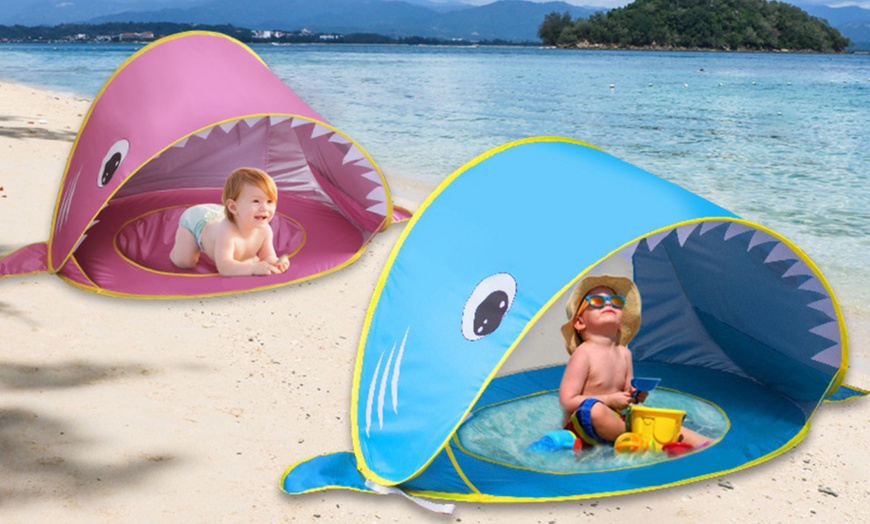 Image 1: Novelty Shark Portable Outdoor Pop Up Beach Shade Tent