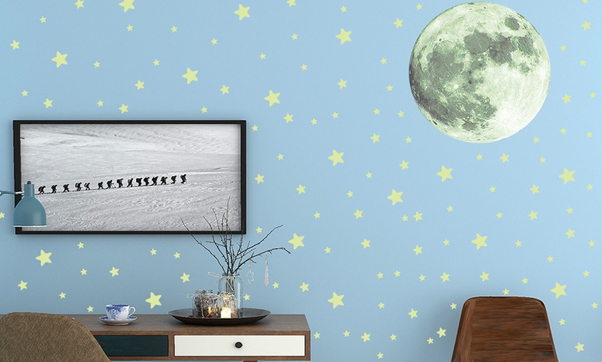 Image 8: One or Two Glow-in-the-Dark Moon and Stars Wall Sticker Sets