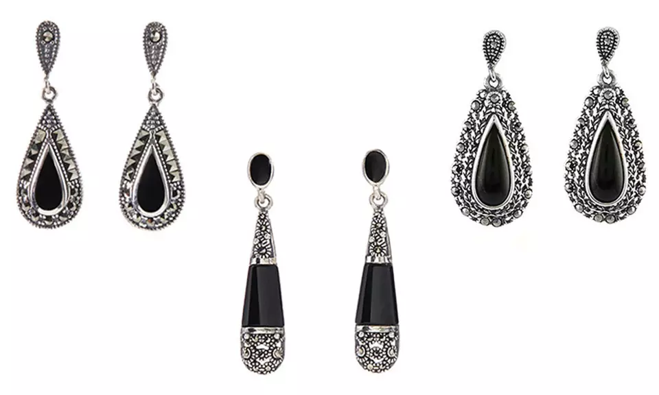 Genuine Black Onyx And Marcasite Sterling Silver Earrings by Valencia Gems - Primary Image