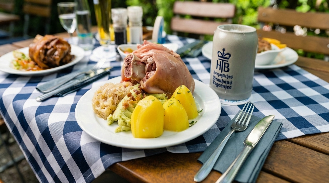 Berliner Eisbein mit Erbspüree, Sauerkraut und Salzkartoffeln