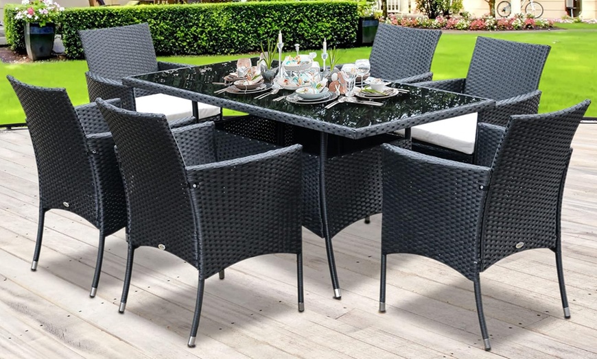 Image 1: Outsunny Seven-Piece Rattan-Effect Dining Set