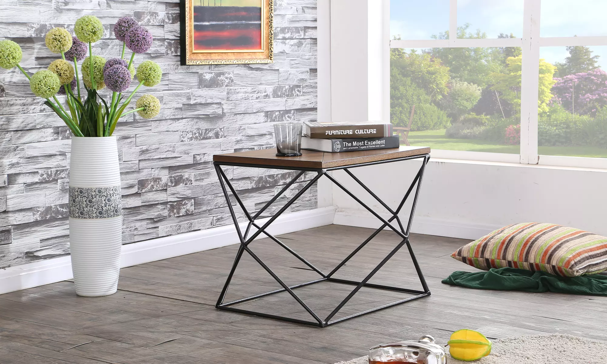 Stilo Geometric Antique Black Metal Distressed Wood Side Table - Primary Image