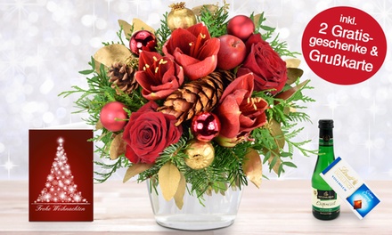 Blumenstrauß „Fröhliche Weihnachten“ in Rot (Ø ca. 30cm) mit Lindt Schokolade, Piccolo & Grußkarte (zzgl. Versand)