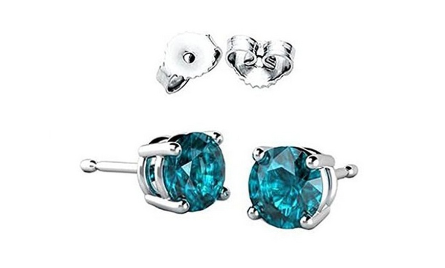 Image 1: Paris Jewelry White Gold Plated 4 MM Round Blue Zircon Stud Earrings