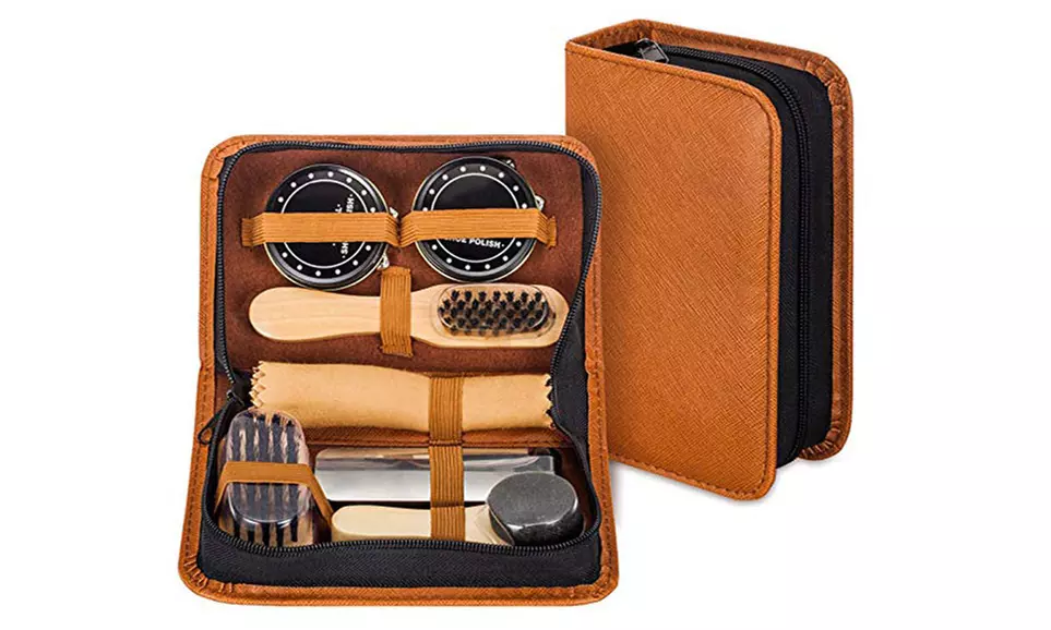 Kit de voyage cirage et brossage : 7 pièces dans étui en cuir - Primary Image
