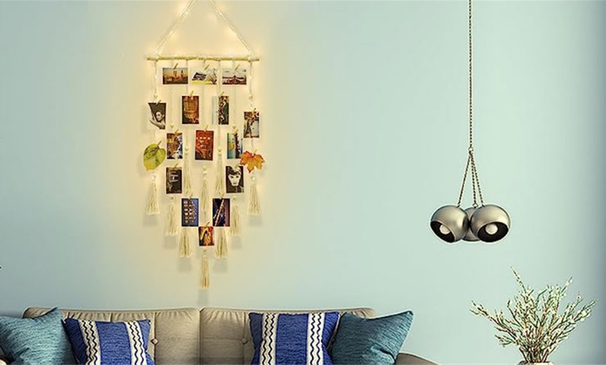 Image 2: LED Hanging Macrame Photo Display Wall Decoration with 20 Clips