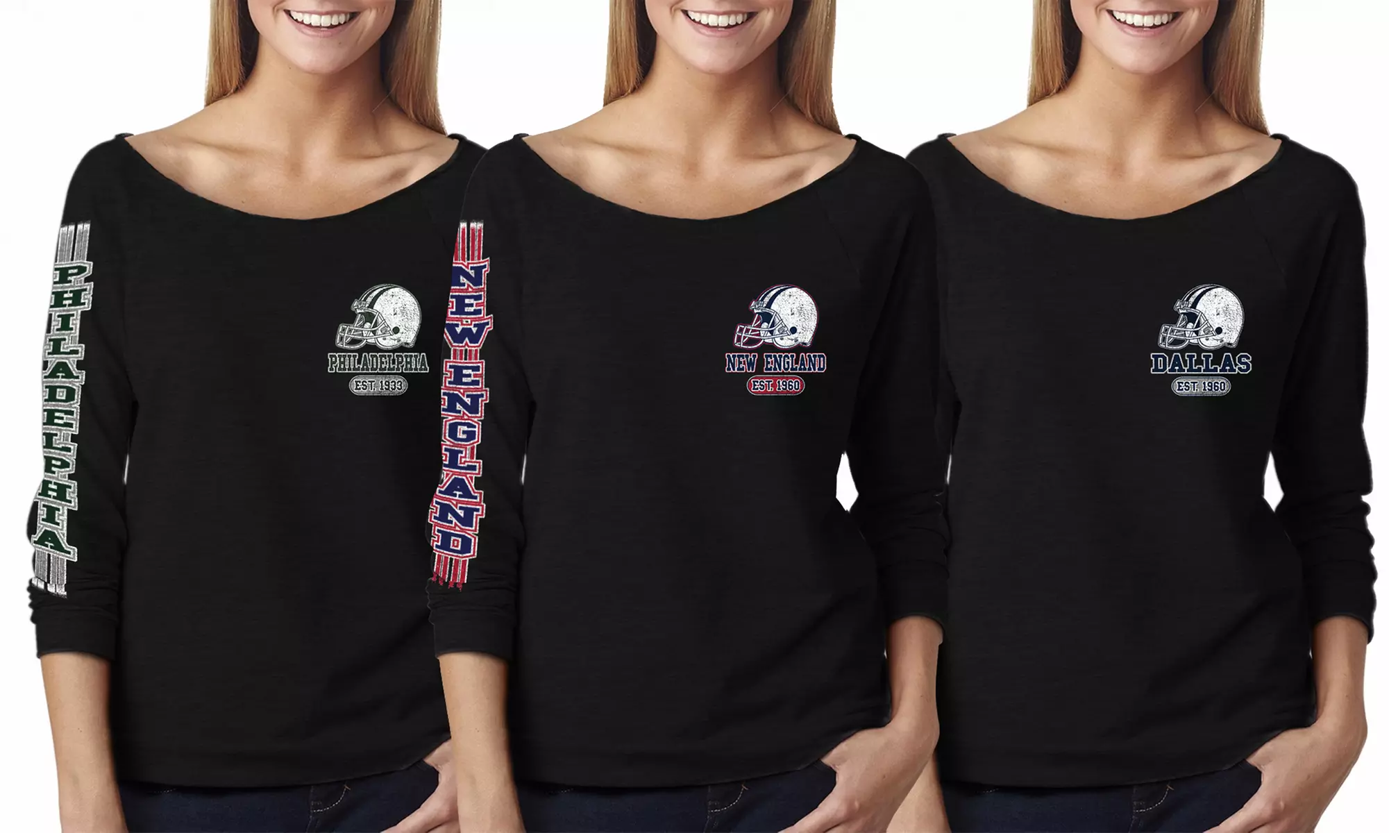 Women's Game Day Football French Terry Off-Shoulder 3/4 Top. Plus Sizes Available. - Primary Image