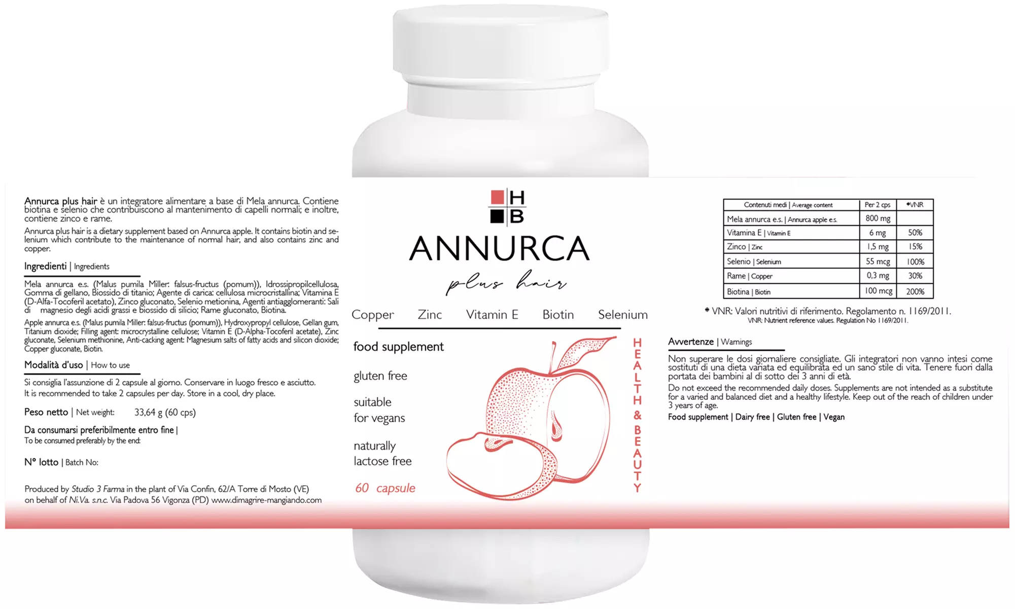 60, 120 o 180 capsulas de vitaminas Annurca para el pelo - Second Medium