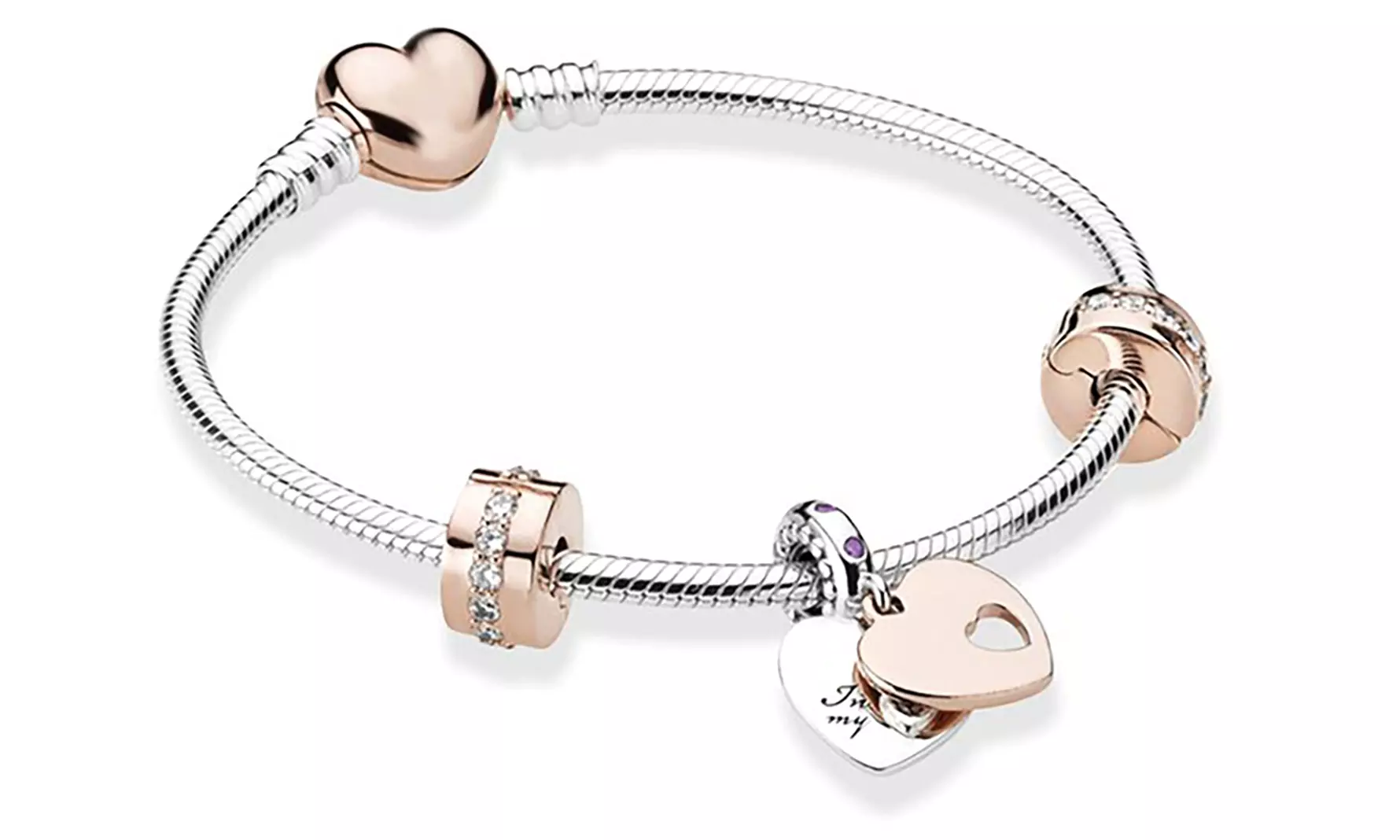 Bracelet à strass et breloques en forme de cœur, dont l'une avec l'inscription "In my Heart" - Primary Image