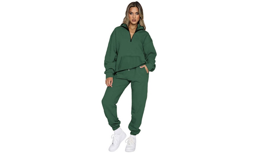 Image 7: Women Two-Piece Hooded Half Zip Sweatshirt Tracksuit Set