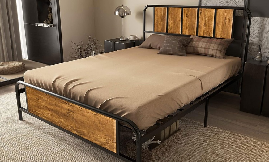 Image 2: HomCom Double Bed Frame with Industrial Wood Headboard