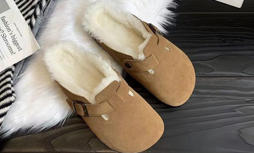 Image 1: Women's Fur Lined Suede Fuzzy Slip On Shoes