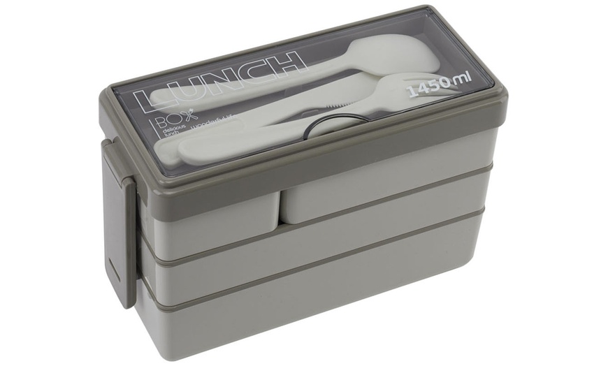 Image 2: Grey Dual-Layer Plastic Bento Lunch Box with Cutlery