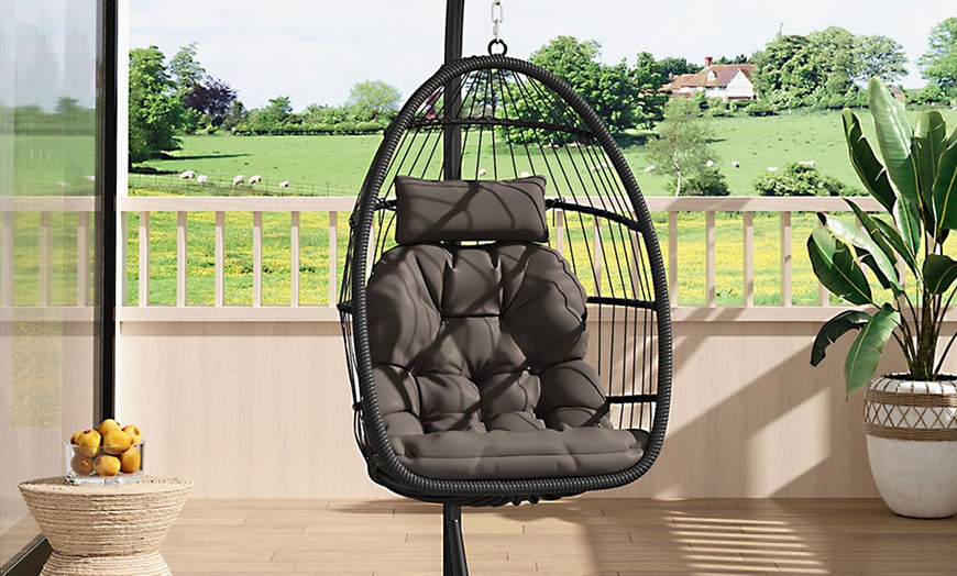 Image 33: Black Outdoor Hanging Egg Chair with Cushion