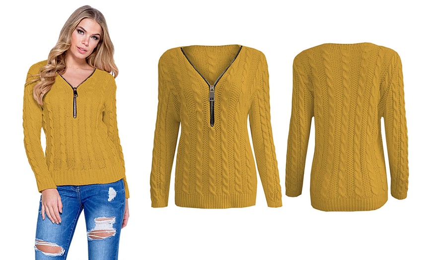 Image 6: Women's V-Neck Zip Front Cable Knit Jumper