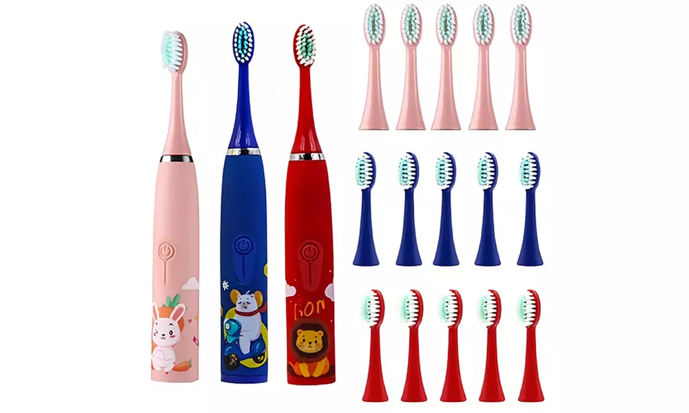 Elektrische Kinder-Zahnbürste mit Cartoon-Motiv + 6 Bürstenköpfe
