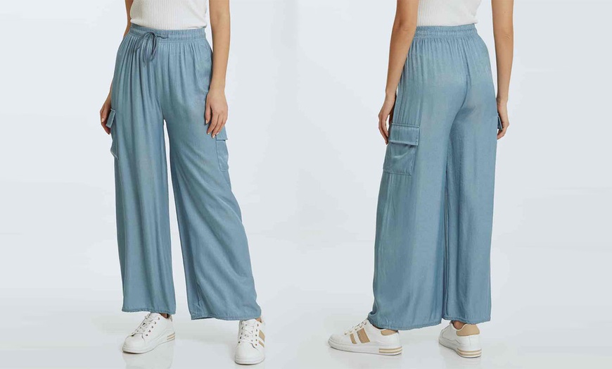 Image 3: Wide Leg Denim Cargo Palazzo Trousers