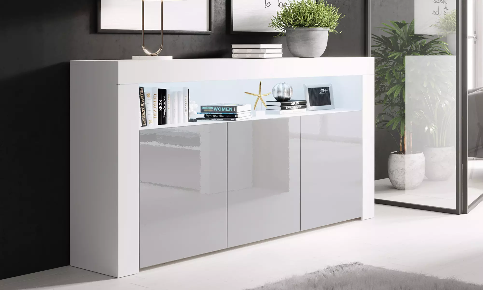 Aparador modelo Aker con acabado en brillo y luz led