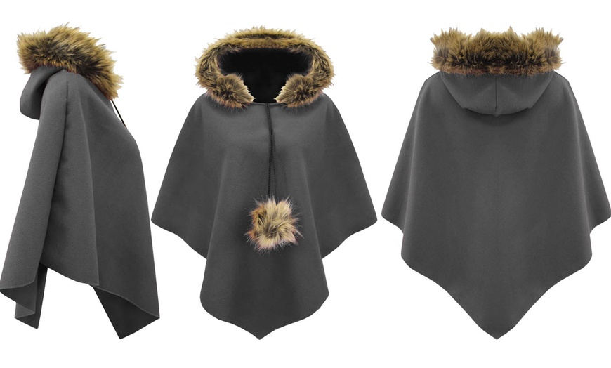 Image 3: Ladies Fur Trim Hooded Cape 