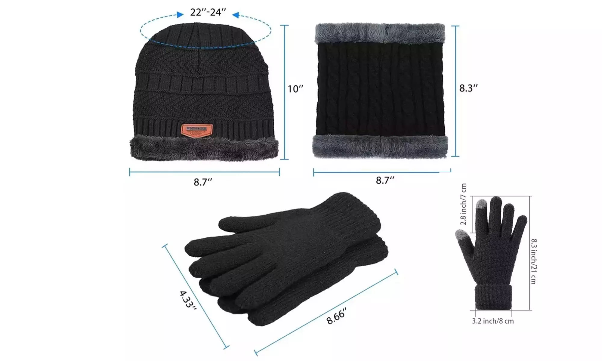 3 Pcs Winter Knit Beanie Hat Neck Warmer Touch Screen Gloves Set Christmas Gift - Second Medium