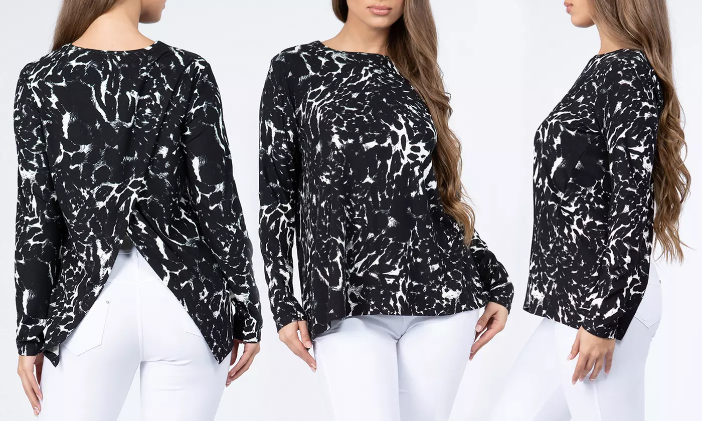 Style Clad Women's Long Sleeve Leopard Surplice Back Top - Second Medium