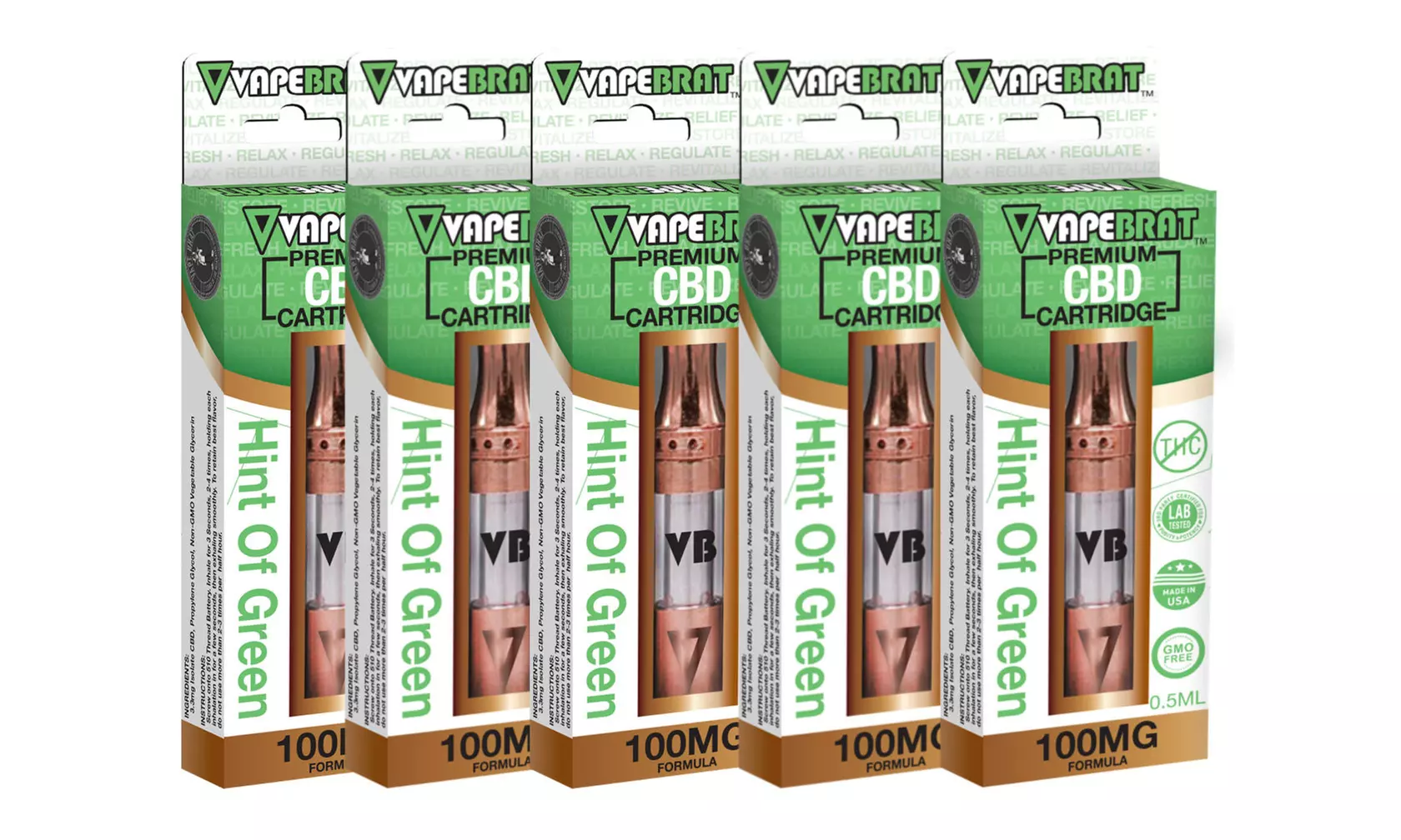 VapeBrat Hint of Green CBD Cartridges (100mg–3750mg; 1-, 5-, or 10-Pack) from Hookah Town - Primary Image