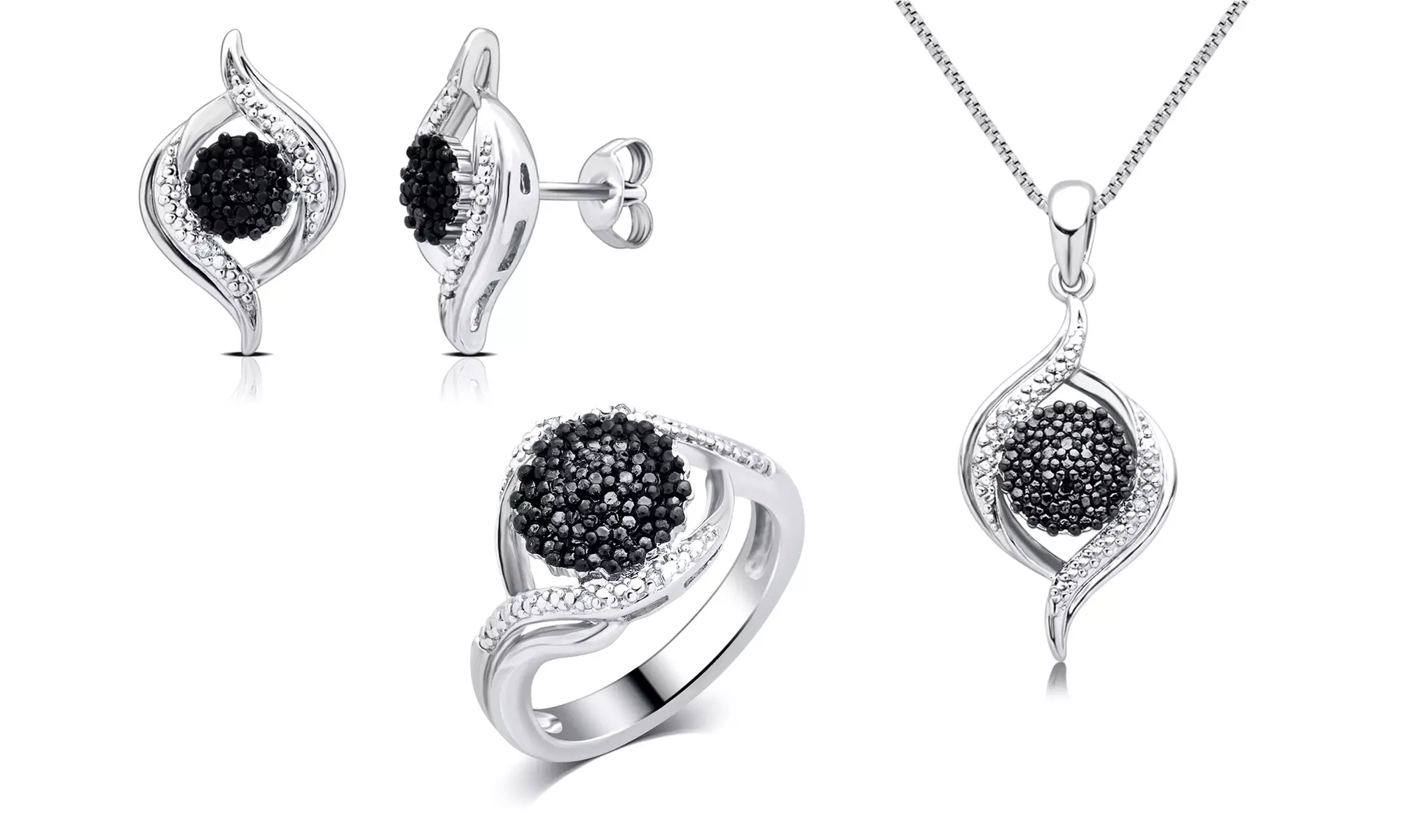 1/10 CTTW Black and White Diamond 3-Piece Jewelry Set with Necklace, Ring, and Earrings - Primary Image
