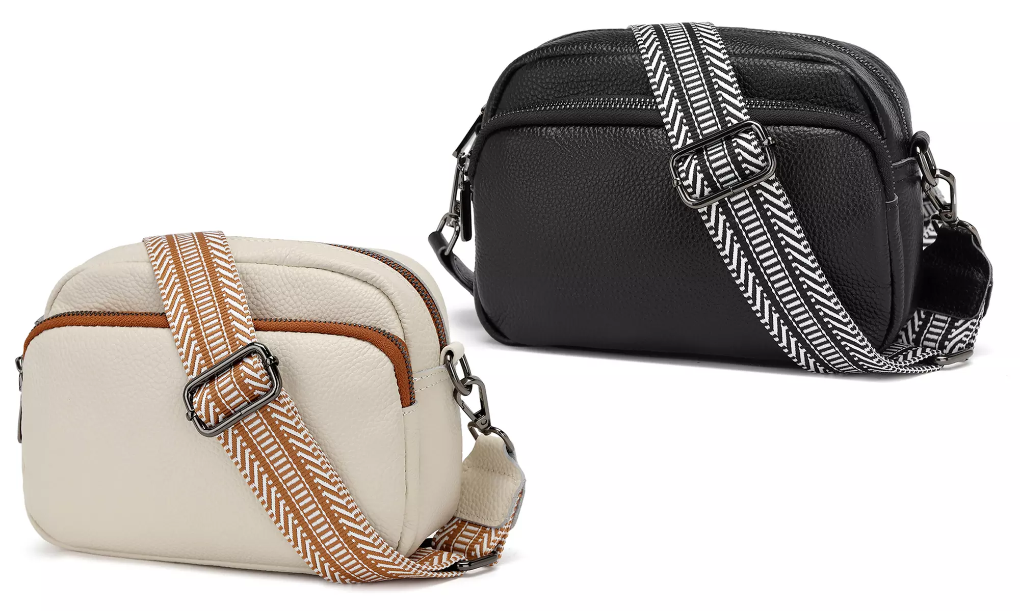 Crossbody-Schultertasche aus Echtleder in Beige oder Schwarz - Primary Image