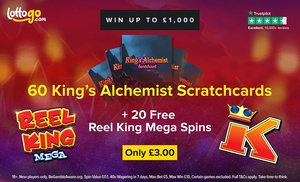 £3 for 60 King’s Alchemist Scratchcards and 20 Free Spins from LottoGo