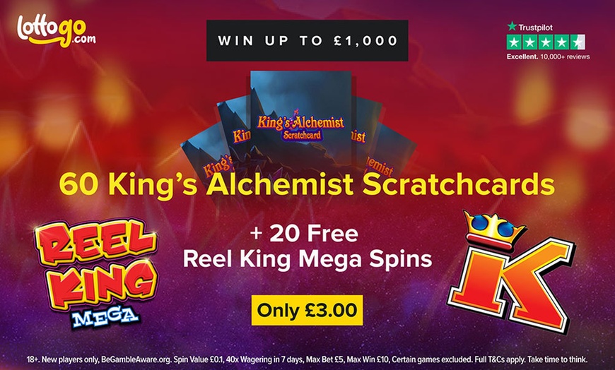 Image 1: £3 for 60 King’s Alchemist Scratchcards and 20 Free Spins from LottoGo