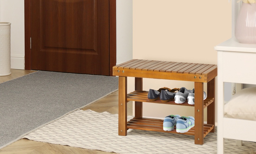 Image 12: HomCom Acacia Wood Entryway Shoe Bench