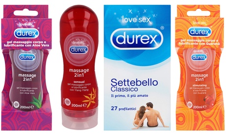 Fino a 6 confezioni da 27 preservativi Settebello Classico e 1 gel opzionale da 200 ml Durex, disponibile in 3 tipologie