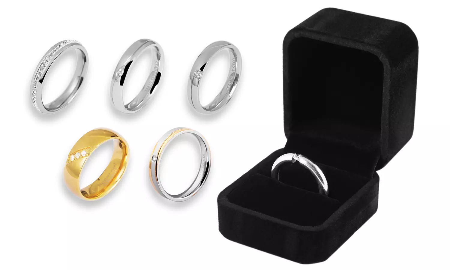 Sélection de bagues en acier inoxydable avec boîte à bagues en velours en option, de la marque Akzent - Primary Image