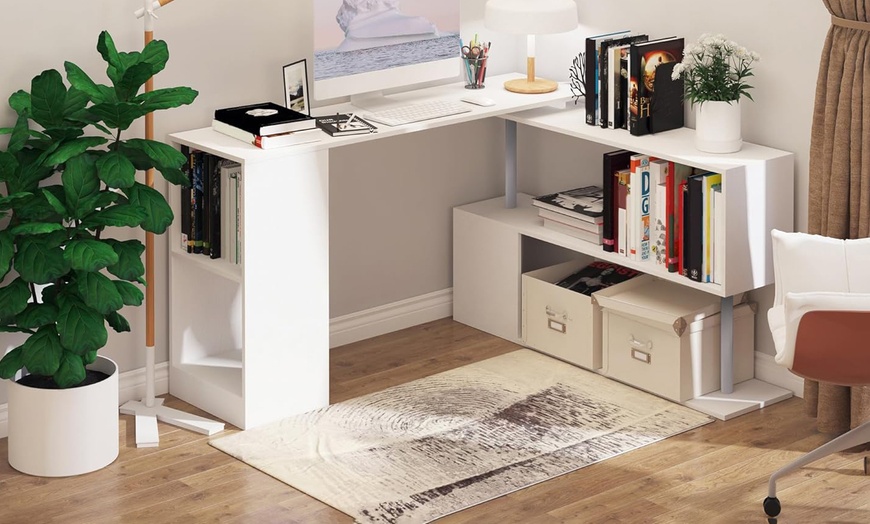 Image 1: Homcom L-Shaped Desk with 360° Rotating Storage Shelves