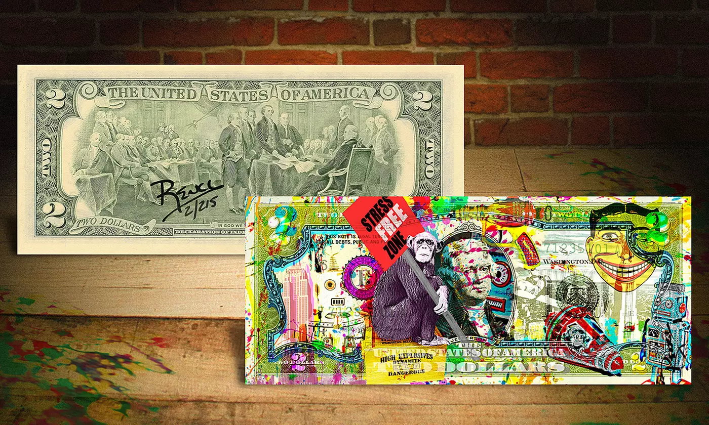 Dynamite Monkey: Rency/Banksy Pop Art Giclee on Genuine $2 U.S. Bill Money - Each Hand Signed & Numbered of only 215 ! - Second Medium