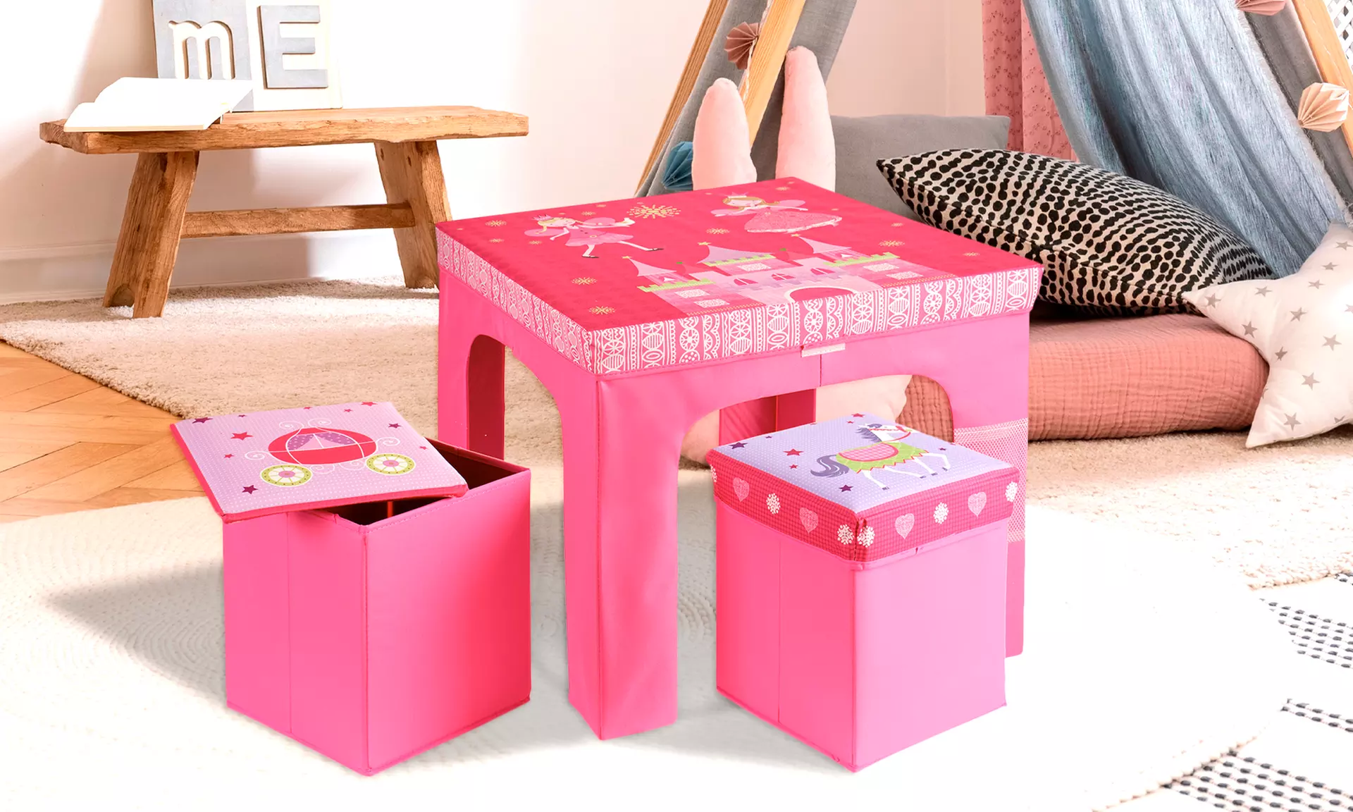 Ensemble composé d'une table et deux tabourets avec rangement pour enfants - Primary Image