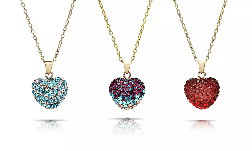 Solid 14K Gold Puff Heart Pendant Made With Swarovski Crystals - Primary Image