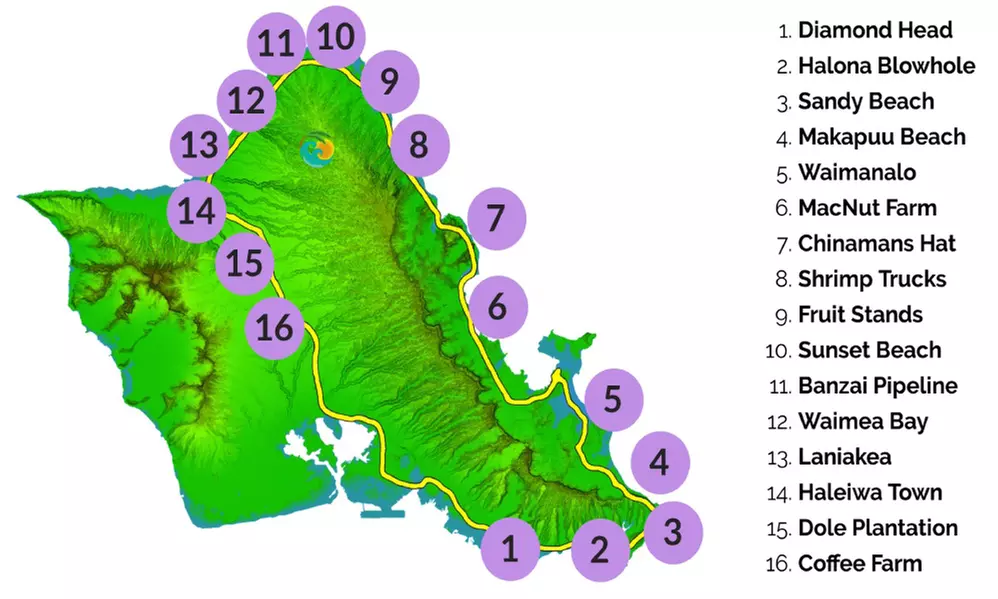 Full-Day 16 Location Tour Including Snorkeling with Tour Guide in Oahu