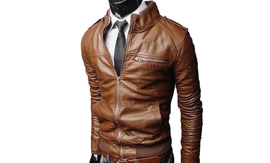 Image 4: Men's Faux-Leather Biker Jacket