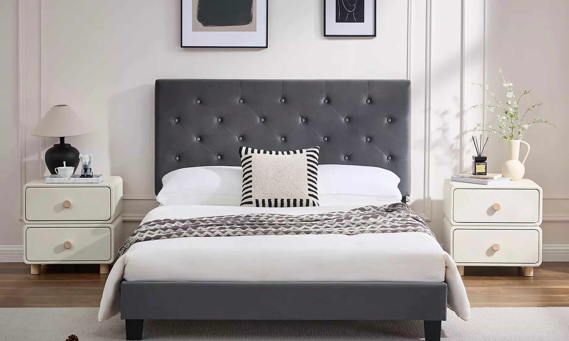 Ottoman Storage Bed Frame with Tufted Headboard
