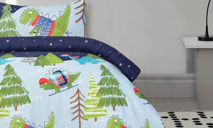 Image 12: Super Soft and Reversible Dino Skiing Printed Duvet Set