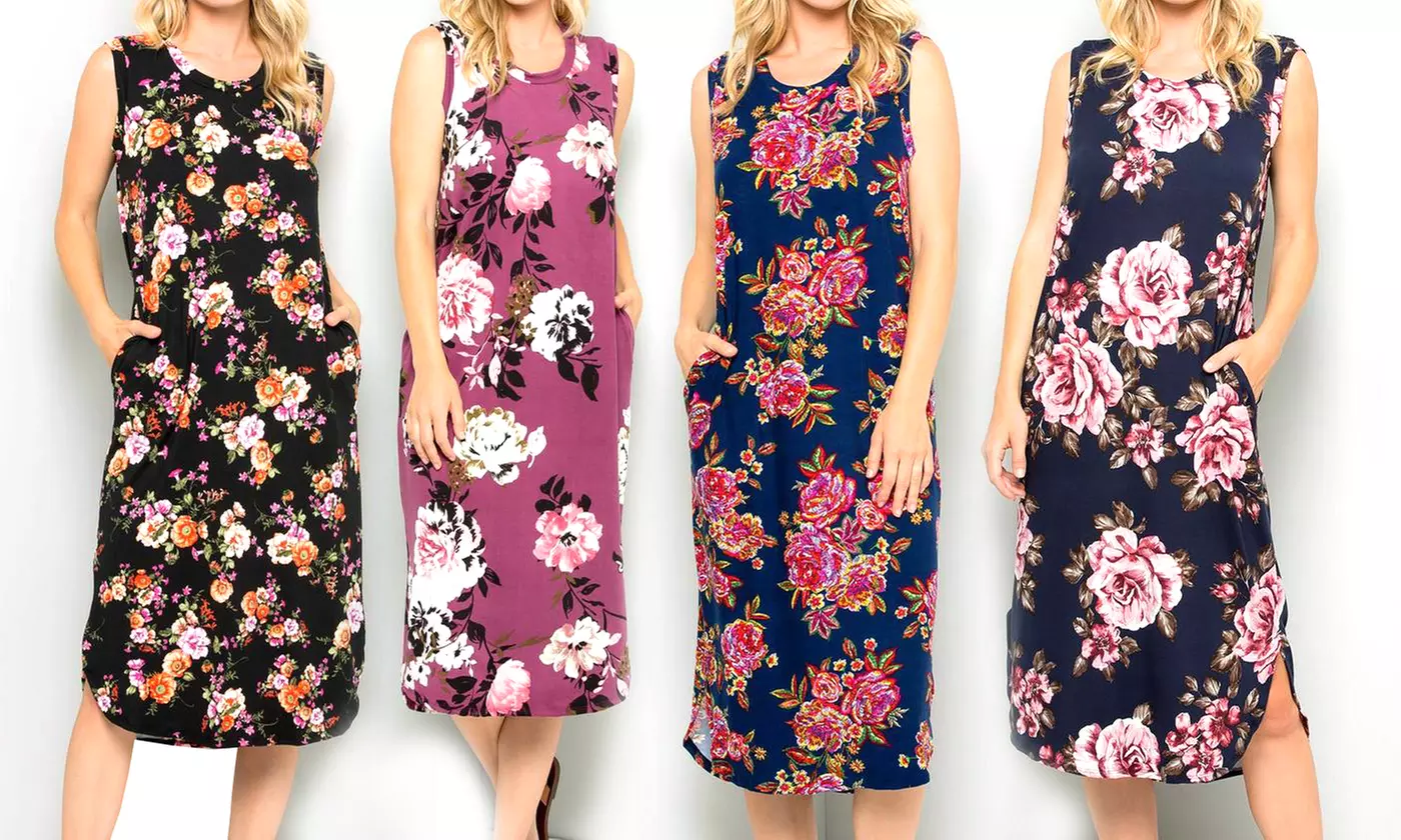 Acting Pro Floral Pocket Sleeveless Midi Dress. Plus Sizes Available. - Primary Image