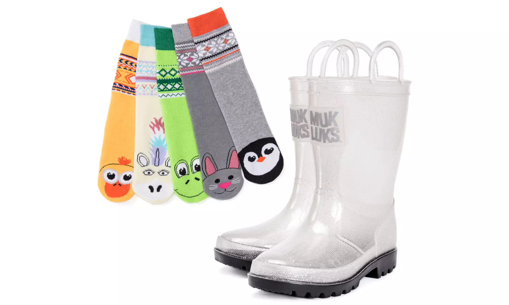 Muk Luks Girls Clear Sparkly Rain Boots with 5-Pack of Critter Socks (Size M 9/10) - Primary Image