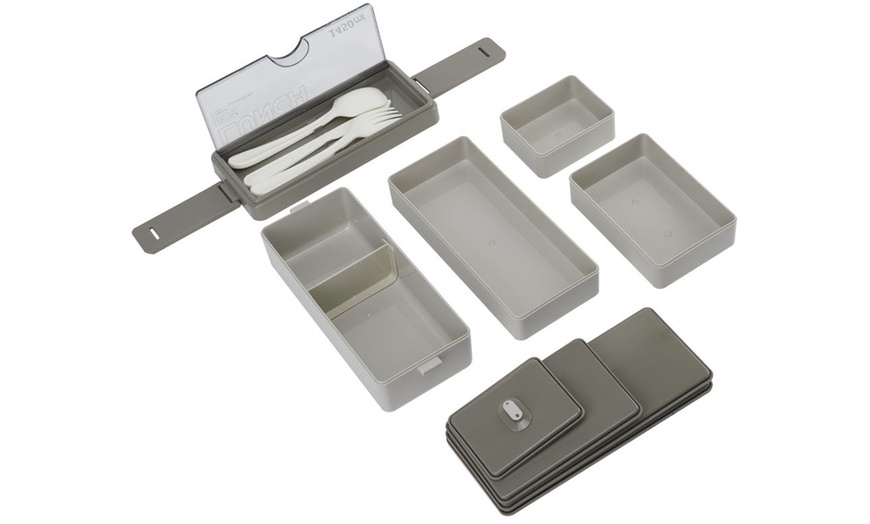 Image 4: Grey Dual-Layer Plastic Bento Lunch Box with Cutlery