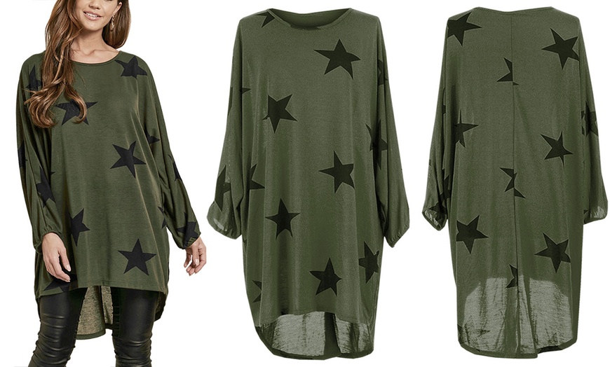 Image 9: Oversized Hi-Lo Star Print Batwing Top