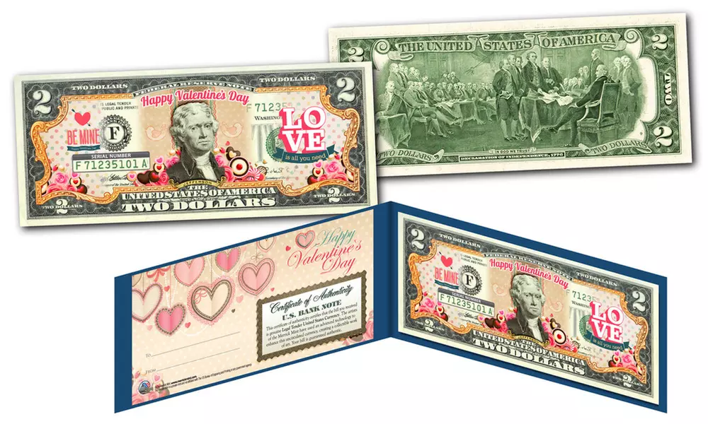Valentine's Day-Themed Genuine U.S. Two-Dollar Bill - Second Medium