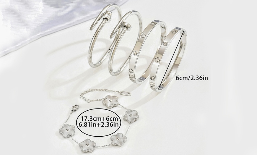 Image 6: Women’s 5-Piece Stainless Steel Cuff and Chain Bracelet Set
