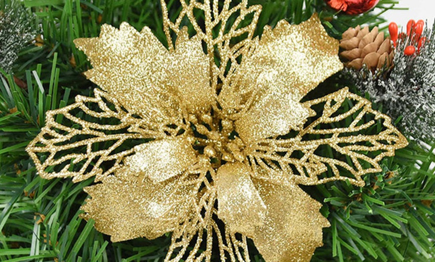 Image 2: Five or Ten Glitter Artificial Flowers Christmas Tree Decorations