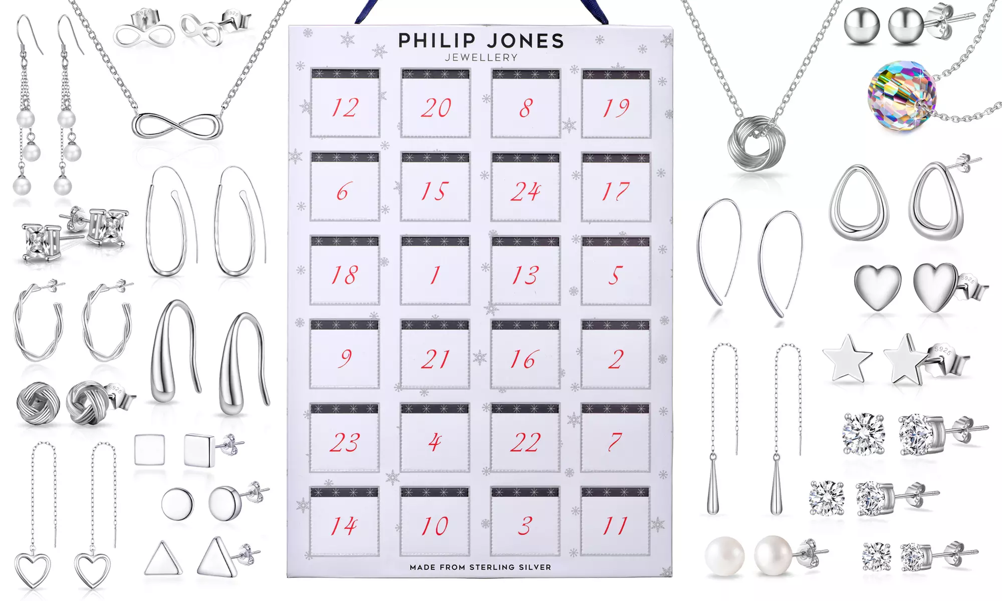 Calendrier de l'avent des bijoux en argent sterling de la marque Philip Jones - Primary Image