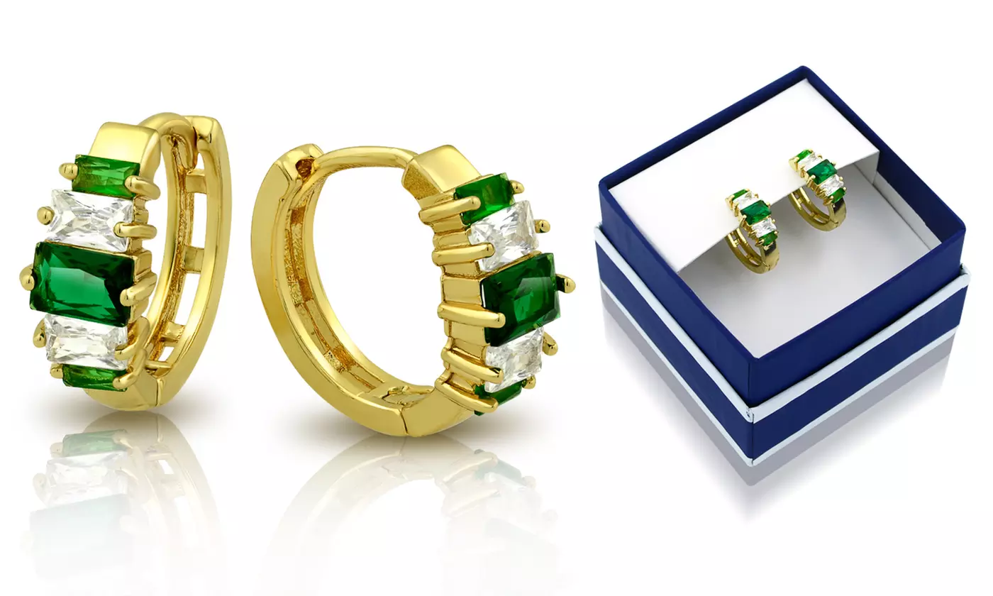 18K Gold Plated Created Green Emerald Hoop Earring in Box by MUIBLU Gems - Primary Image